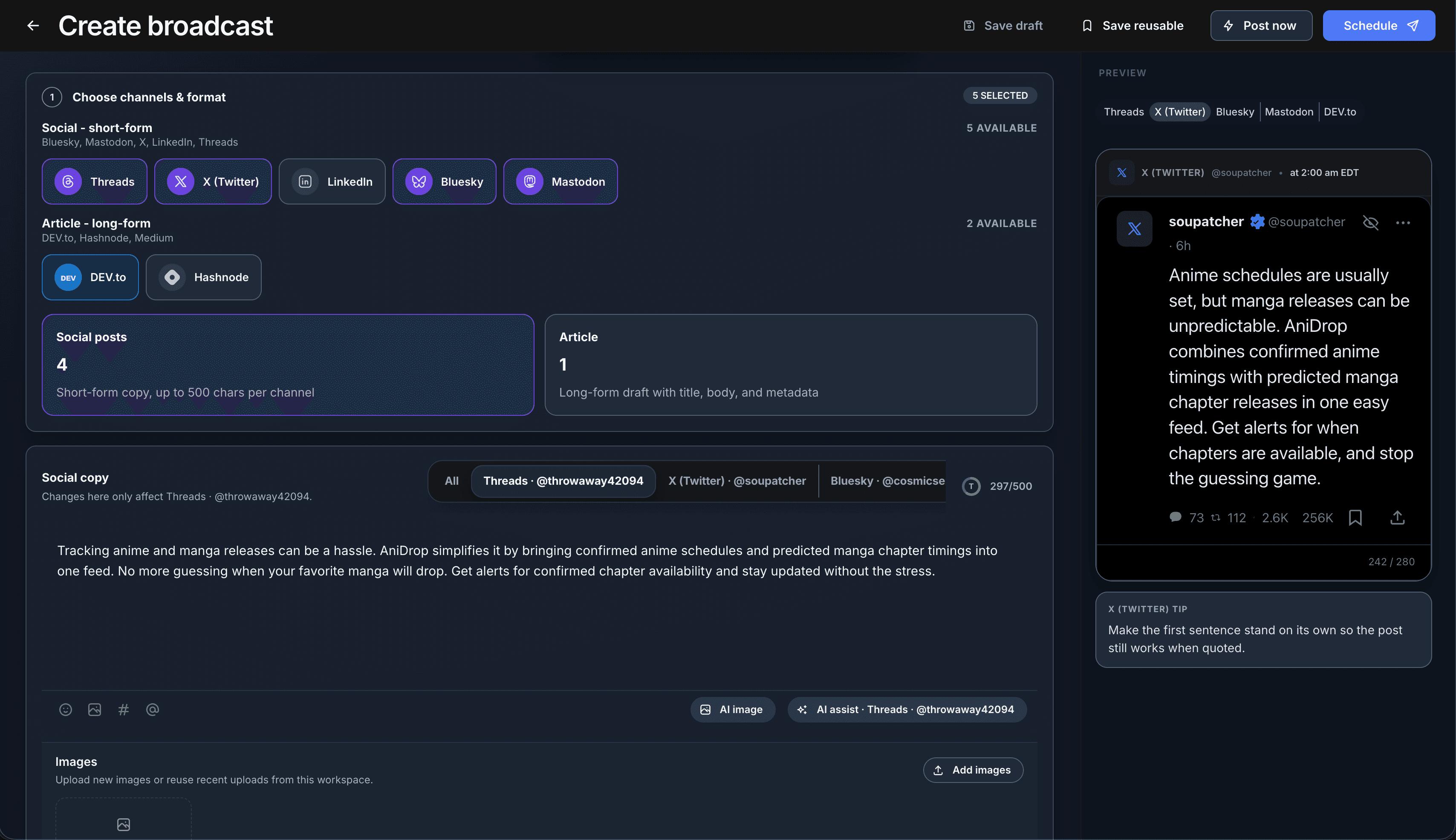 PostRelay broadcast composer with platforms selected