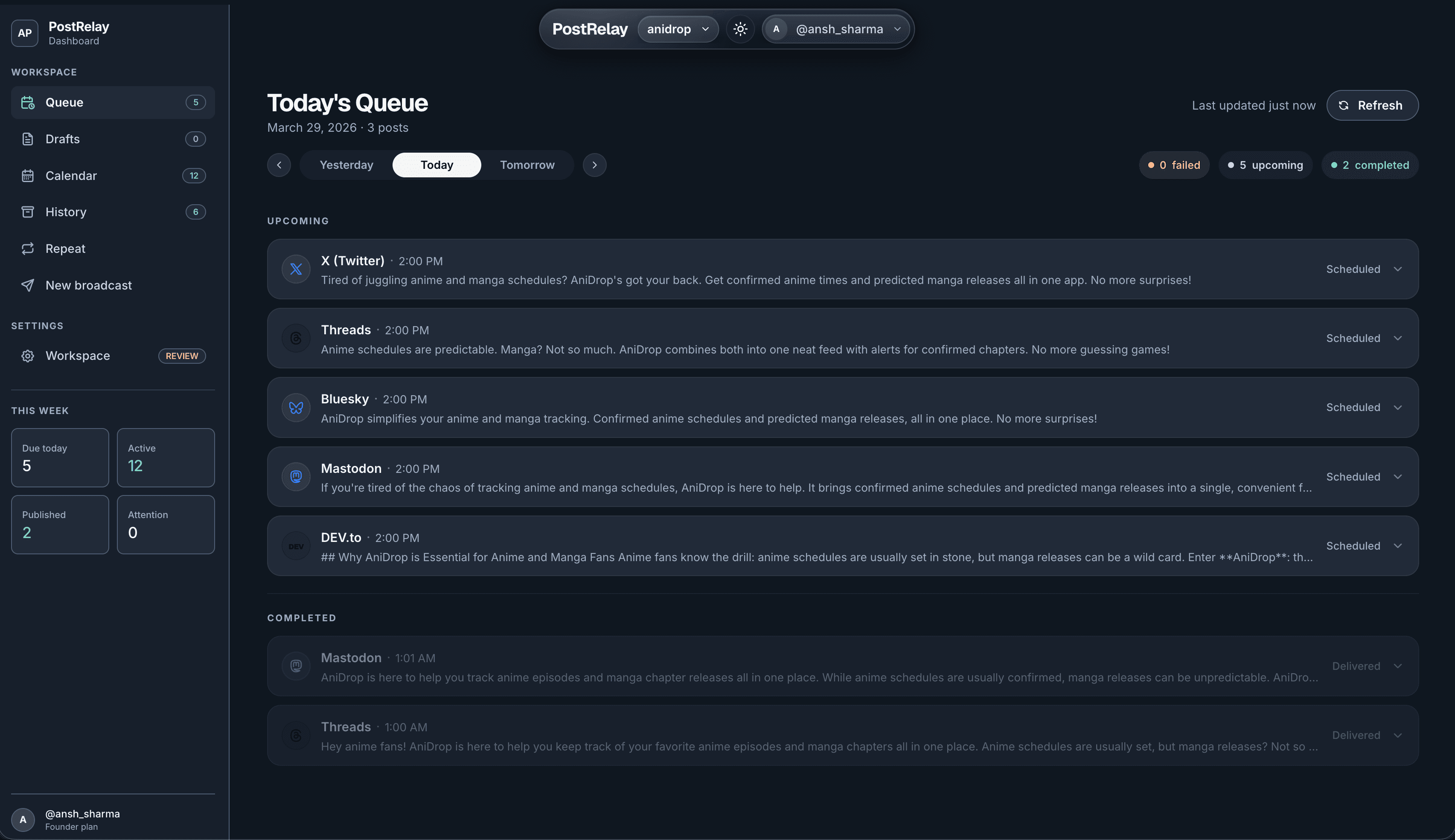 PostRelay today queue — scheduled posts ready to publish